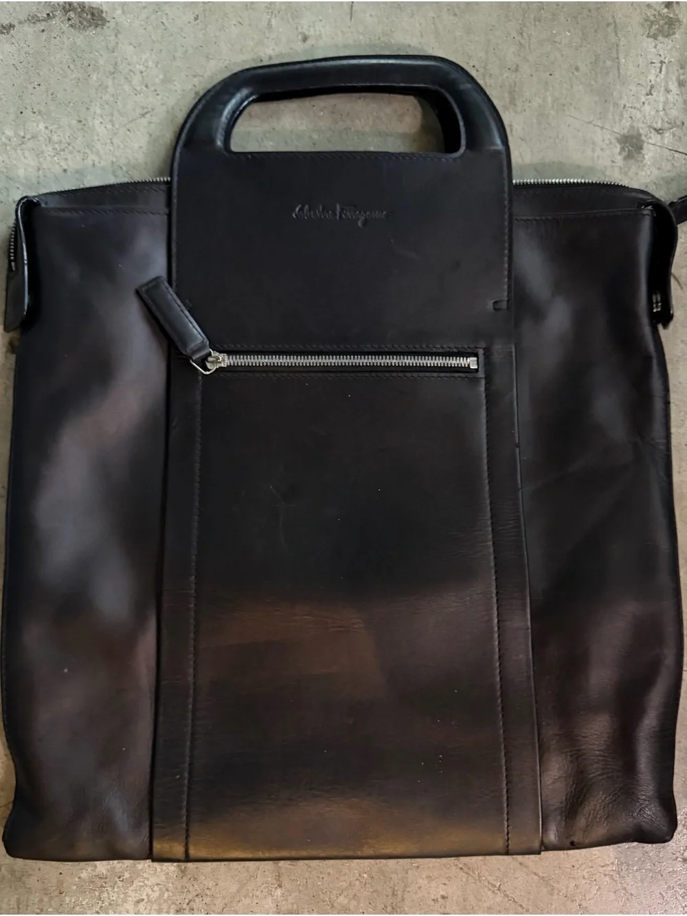 Vintage Salvatore Ferragamo Black Smooth Leather Cutout Top Handle Tote Bag